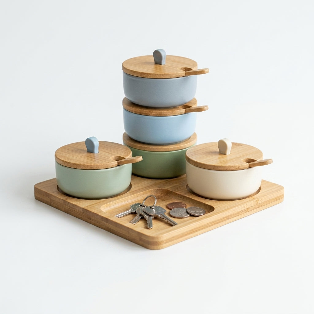Kaslluay™ Modular Desktop Organizer & Stackable Ceramic Canister Set - Multi-Purpose Storage Jars with Bamboo Lids and Spoons, Entryway Valet Tray for Keys, Coins, Jewelry, and Office Supplies