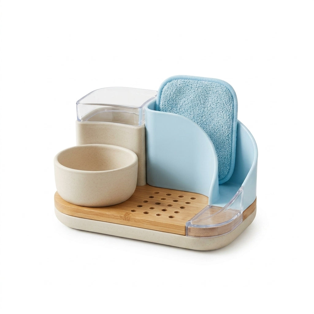 Kaslluay™ All-in-One Kitchen Sink Caddy Organizer - Modern Countertop Sponge Holder and Dish Soap Dispenser Tray with Natural Bamboo Drainer, Removable Soap Bowl & Brush Holder for Kitchen and Bathroom