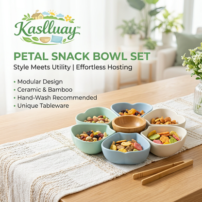 Kaslluay™ Petal Snack Bowl Set - 8-Piece Ceramic & Bamboo Serving Dishes, Modular Appetizer Platter for Nuts, Candies, Dips, and Dried Fruits, Elegant Tableware with Bamboo Tongs for Party Hosting and Everyday Use