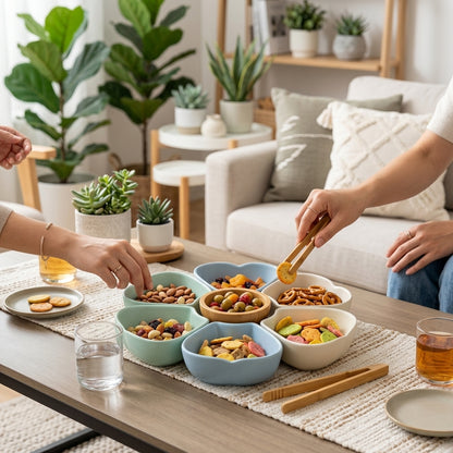 Kaslluay™ Petal Snack Bowl Set - 8-Piece Ceramic & Bamboo Serving Dishes, Modular Appetizer Platter for Nuts, Candies, Dips, and Dried Fruits, Elegant Tableware with Bamboo Tongs for Party Hosting and Everyday Use
