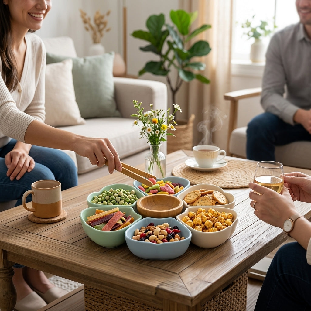 Kaslluay™ Petal Snack Bowl Set - 8-Piece Ceramic & Bamboo Serving Dishes, Modular Appetizer Platter for Nuts, Candies, Dips, and Dried Fruits, Elegant Tableware with Bamboo Tongs for Party Hosting and Everyday Use