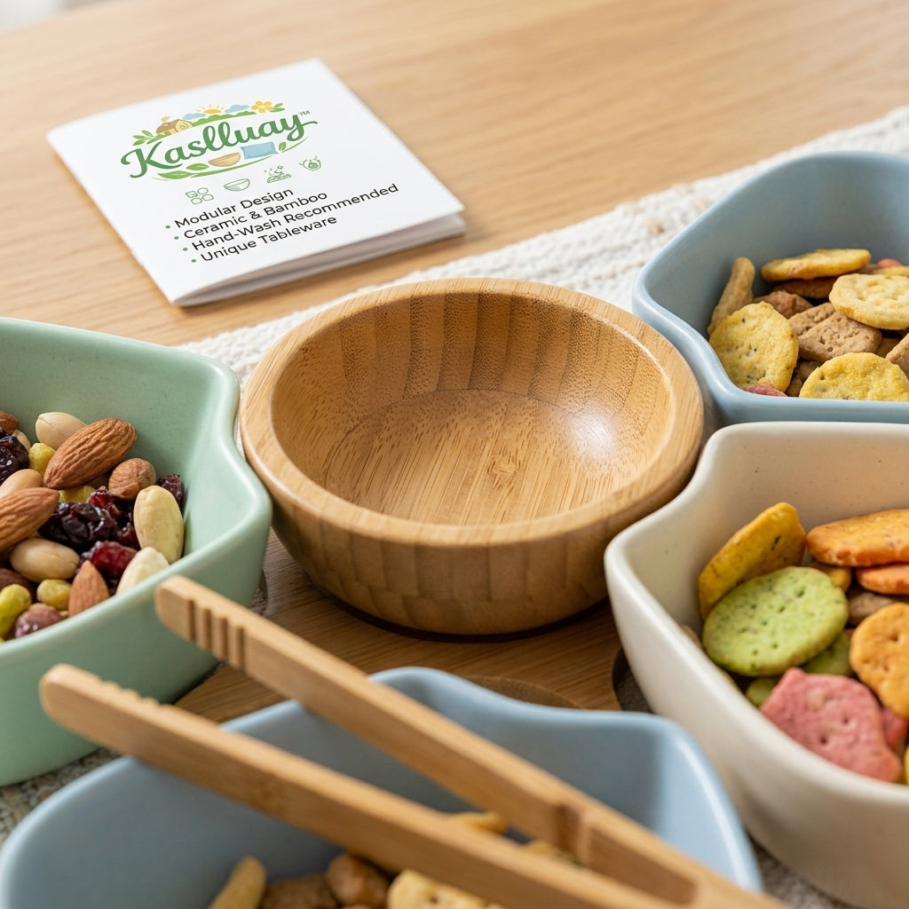 Kaslluay™ Petal Snack Bowl Set - 8-Piece Ceramic & Bamboo Serving Dishes, Modular Appetizer Platter for Nuts, Candies, Dips, and Dried Fruits, Elegant Tableware with Bamboo Tongs for Party Hosting and Everyday Use
