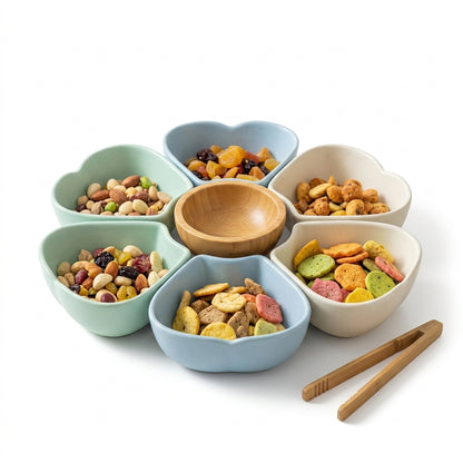 Kaslluay™ Petal Snack Bowl Set - 8-Piece Ceramic & Bamboo Serving Dishes, Modular Appetizer Platter for Nuts, Candies, Dips, and Dried Fruits, Elegant Tableware with Bamboo Tongs for Party Hosting and Everyday Use