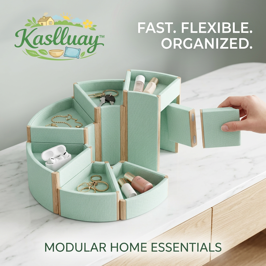 Kaslluay™ Modular Magnetic Desk Organizer - Customizable Fabric & Wood Vanity Tray, Multi-Functional Makeup and Jewelry Storage Caddy, Entryway Key Bowl, and Office Desktop Organizer