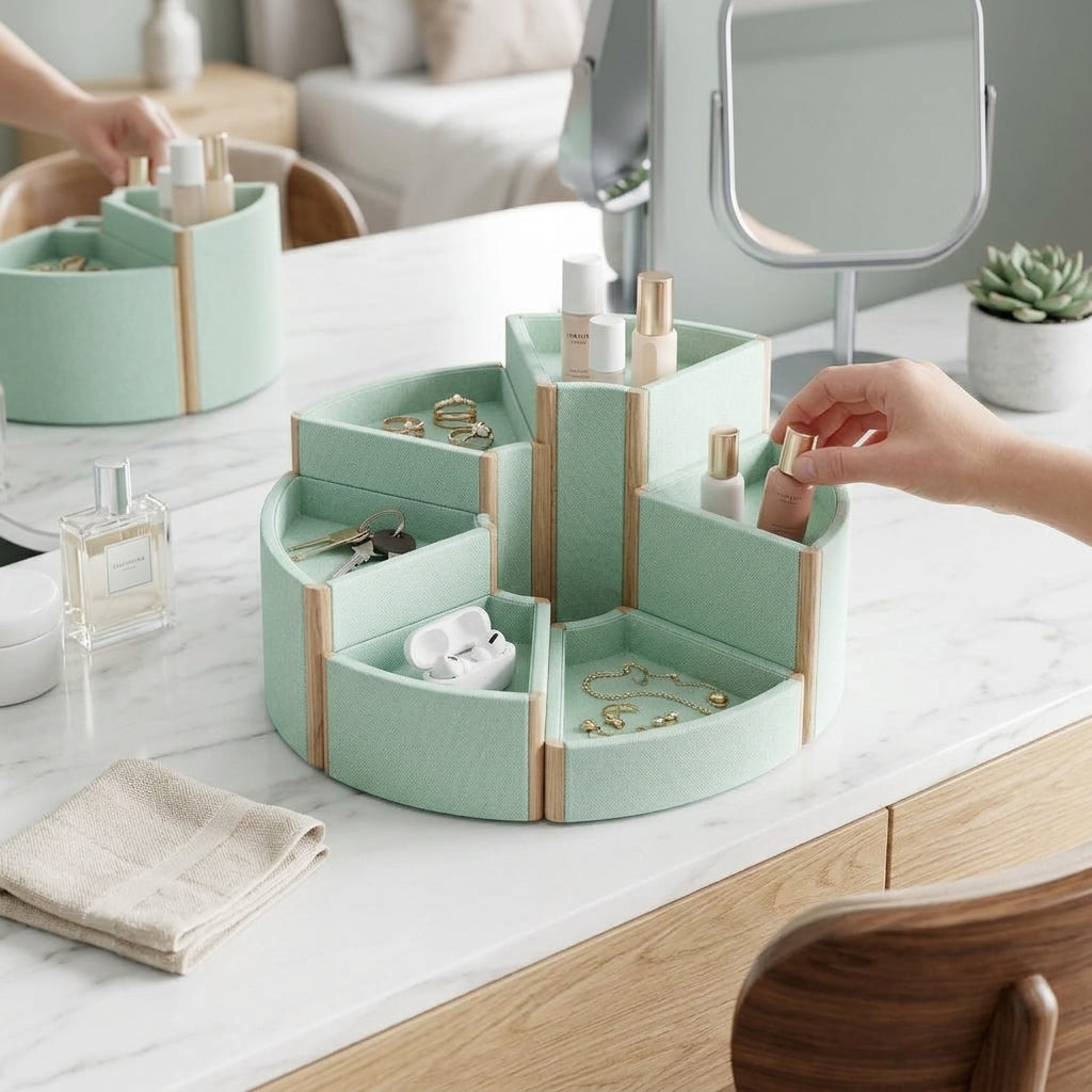 Kaslluay™ Modular Magnetic Desk Organizer - Customizable Fabric & Wood Vanity Tray, Multi-Functional Makeup and Jewelry Storage Caddy, Entryway Key Bowl, and Office Desktop Organizer