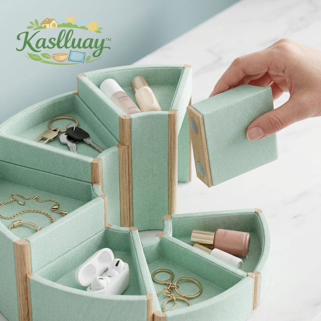 Kaslluay™ Modular Magnetic Desk Organizer - Customizable Fabric & Wood Vanity Tray, Multi-Functional Makeup and Jewelry Storage Caddy, Entryway Key Bowl, and Office Desktop Organizer