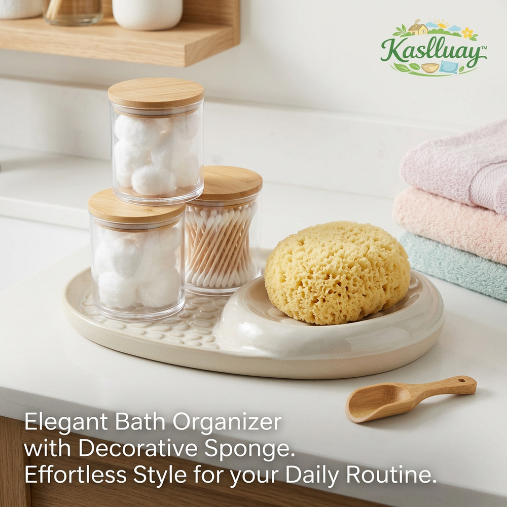 Kaslluay™ 6-Piece Bathroom Vanity Organizer Set – Premium Ceramic Tray with 3 Clear Apothecary Jars, Airtight Bamboo Lids, Natural Sea Sponge & Mini Wooden Scoop – Elegant Q-Tip and Cotton Ball Holder for Bathroom Countertop Decor