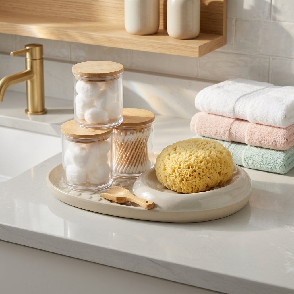 Kaslluay™ 6-Piece Bathroom Vanity Organizer Set – Premium Ceramic Tray with 3 Clear Apothecary Jars, Airtight Bamboo Lids, Natural Sea Sponge & Mini Wooden Scoop – Elegant Q-Tip and Cotton Ball Holder for Bathroom Countertop Decor