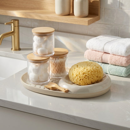 Kaslluay™ 6-Piece Bathroom Vanity Organizer Set – Premium Ceramic Tray with 3 Clear Apothecary Jars, Airtight Bamboo Lids, Natural Sea Sponge & Mini Wooden Scoop – Elegant Q-Tip and Cotton Ball Holder for Bathroom Countertop Decor