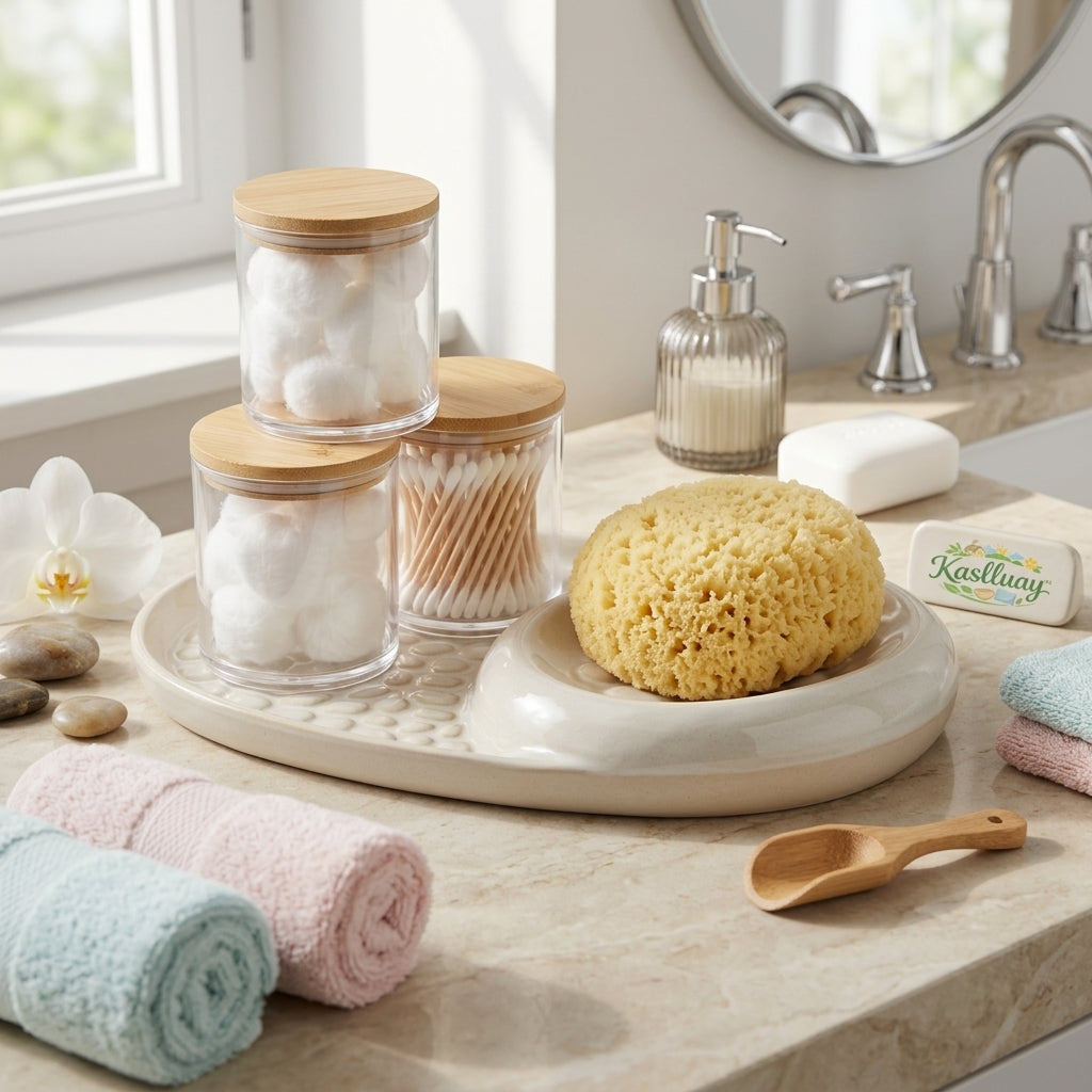 Kaslluay™ 6-Piece Bathroom Vanity Organizer Set – Premium Ceramic Tray with 3 Clear Apothecary Jars, Airtight Bamboo Lids, Natural Sea Sponge & Mini Wooden Scoop – Elegant Q-Tip and Cotton Ball Holder for Bathroom Countertop Decor