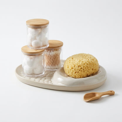 Kaslluay™ 6-Piece Bathroom Vanity Organizer Set – Premium Ceramic Tray with 3 Clear Apothecary Jars, Airtight Bamboo Lids, Natural Sea Sponge & Mini Wooden Scoop – Elegant Q-Tip and Cotton Ball Holder for Bathroom Countertop Decor