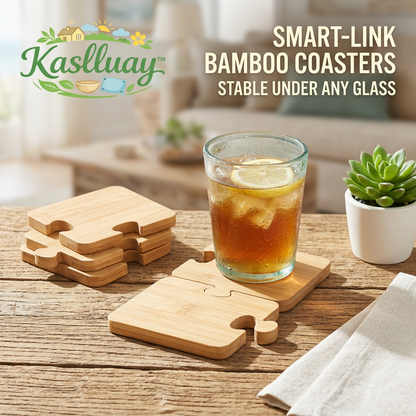 Kaslluay™ Interlocking Puzzle Bamboo Coasters - Set of 6 Smart-Link Drink Coasters & Heat-Resistant Trivets for Hot Pots, Eco-Friendly Wooden Cup Mats for Table Protection, Living Room, Office & Home Decor
