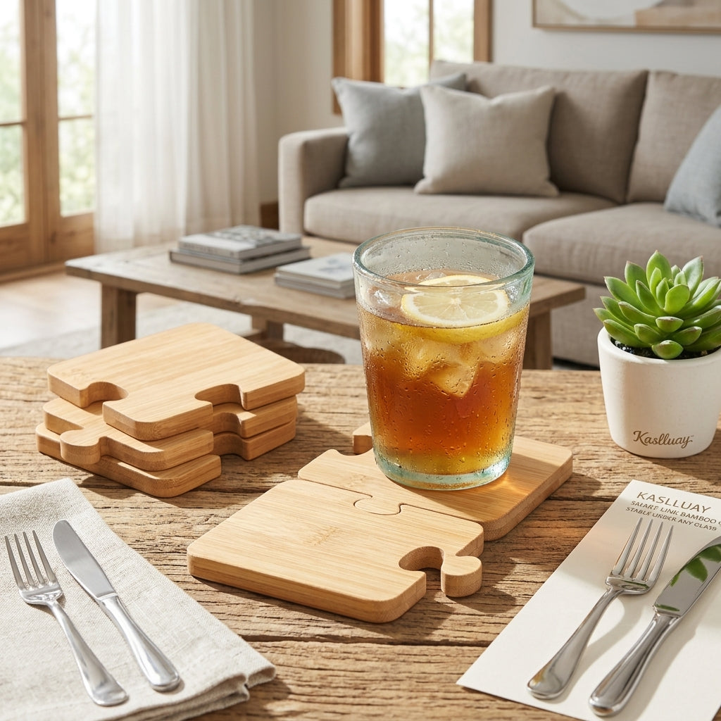 Kaslluay™ Interlocking Puzzle Bamboo Coasters - Set of 6 Smart-Link Drink Coasters & Heat-Resistant Trivets for Hot Pots, Eco-Friendly Wooden Cup Mats for Table Protection, Living Room, Office & Home Decor