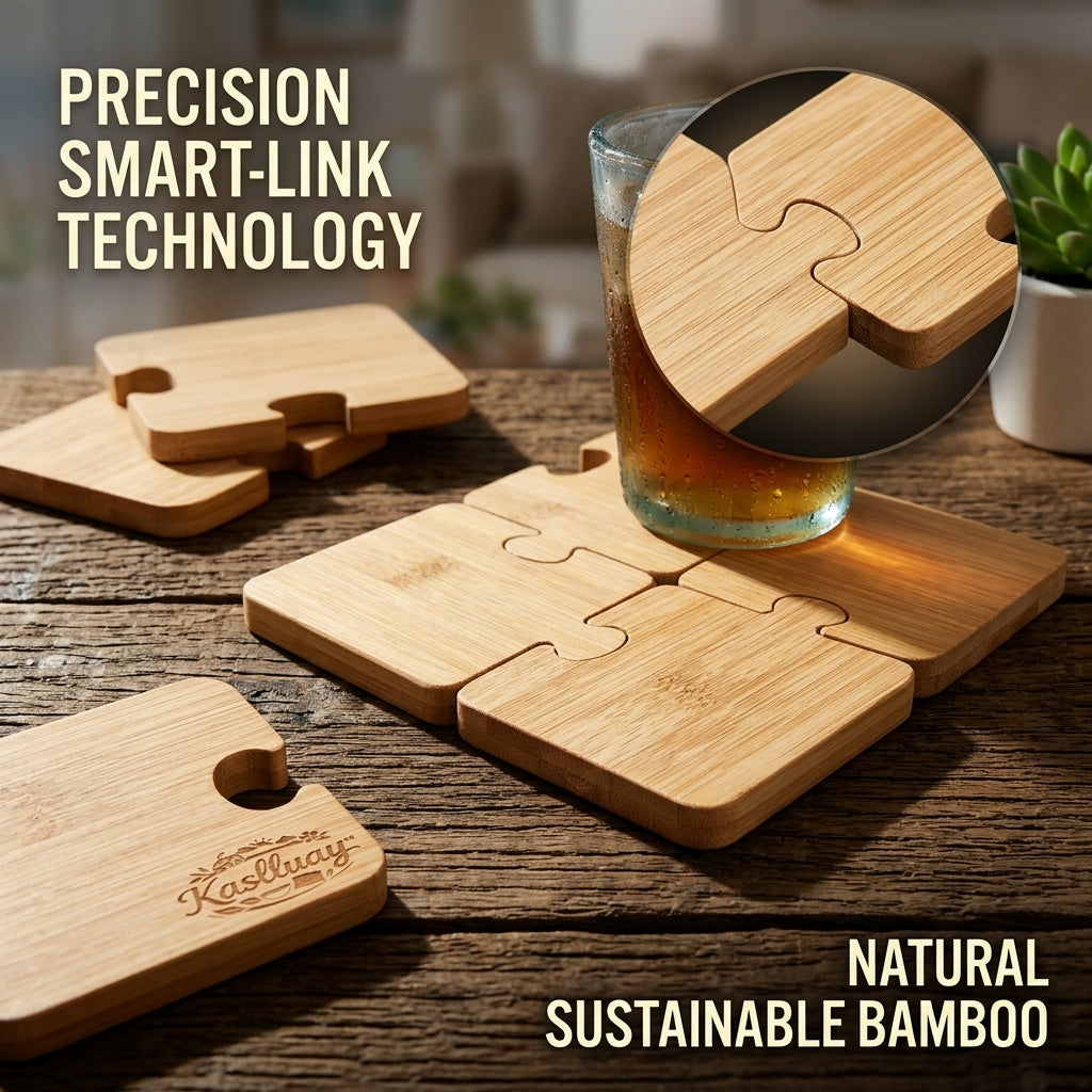Kaslluay™ Interlocking Puzzle Bamboo Coasters - Set of 6 Smart-Link Drink Coasters & Heat-Resistant Trivets for Hot Pots, Eco-Friendly Wooden Cup Mats for Table Protection, Living Room, Office & Home Decor