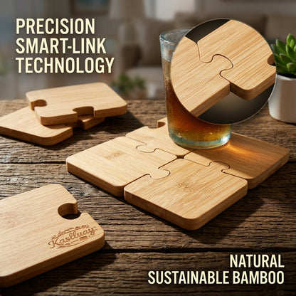 Kaslluay™ Interlocking Puzzle Bamboo Coasters - Set of 6 Smart-Link Drink Coasters & Heat-Resistant Trivets for Hot Pots, Eco-Friendly Wooden Cup Mats for Table Protection, Living Room, Office & Home Decor