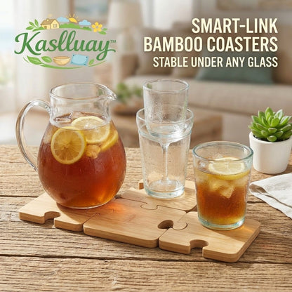 Kaslluay™ Interlocking Puzzle Bamboo Coasters - Set of 6 Smart-Link Drink Coasters & Heat-Resistant Trivets for Hot Pots, Eco-Friendly Wooden Cup Mats for Table Protection, Living Room, Office & Home Decor
