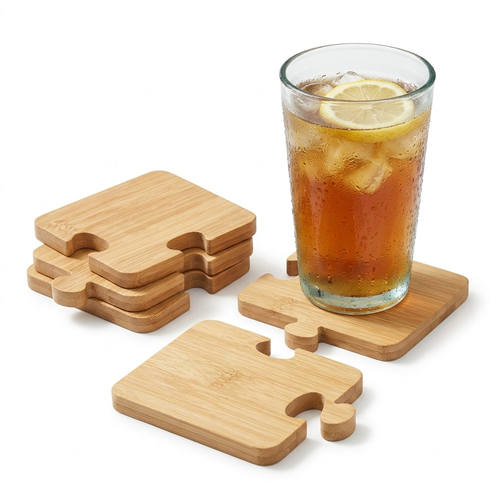 Kaslluay™ Interlocking Puzzle Bamboo Coasters - Set of 6 Smart-Link Drink Coasters & Heat-Resistant Trivets for Hot Pots, Eco-Friendly Wooden Cup Mats for Table Protection, Living Room, Office & Home Decor