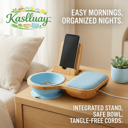 Kaslluay™ Bamboo Nightstand Organizer & Phone Docking Station – Bedside Valet Tray with Soft Silicone Jewelry Bowl, Integrated Cell Phone Stand & Tangle-Free Cable Management – Minimalist Bedside Storage & Desk Catchall Tray