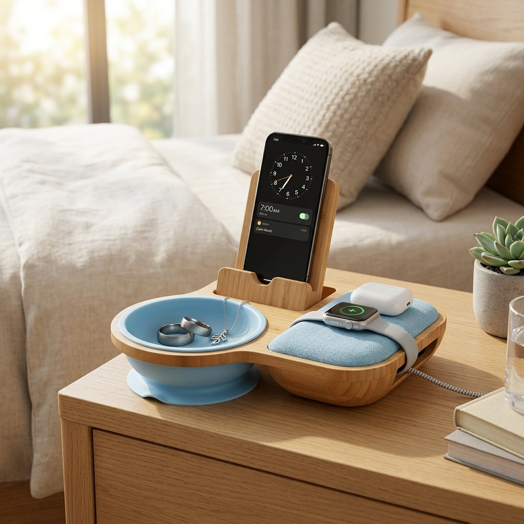 Kaslluay™ Bamboo Nightstand Organizer & Phone Docking Station – Bedside Valet Tray with Soft Silicone Jewelry Bowl, Integrated Cell Phone Stand & Tangle-Free Cable Management – Minimalist Bedside Storage & Desk Catchall Tray
