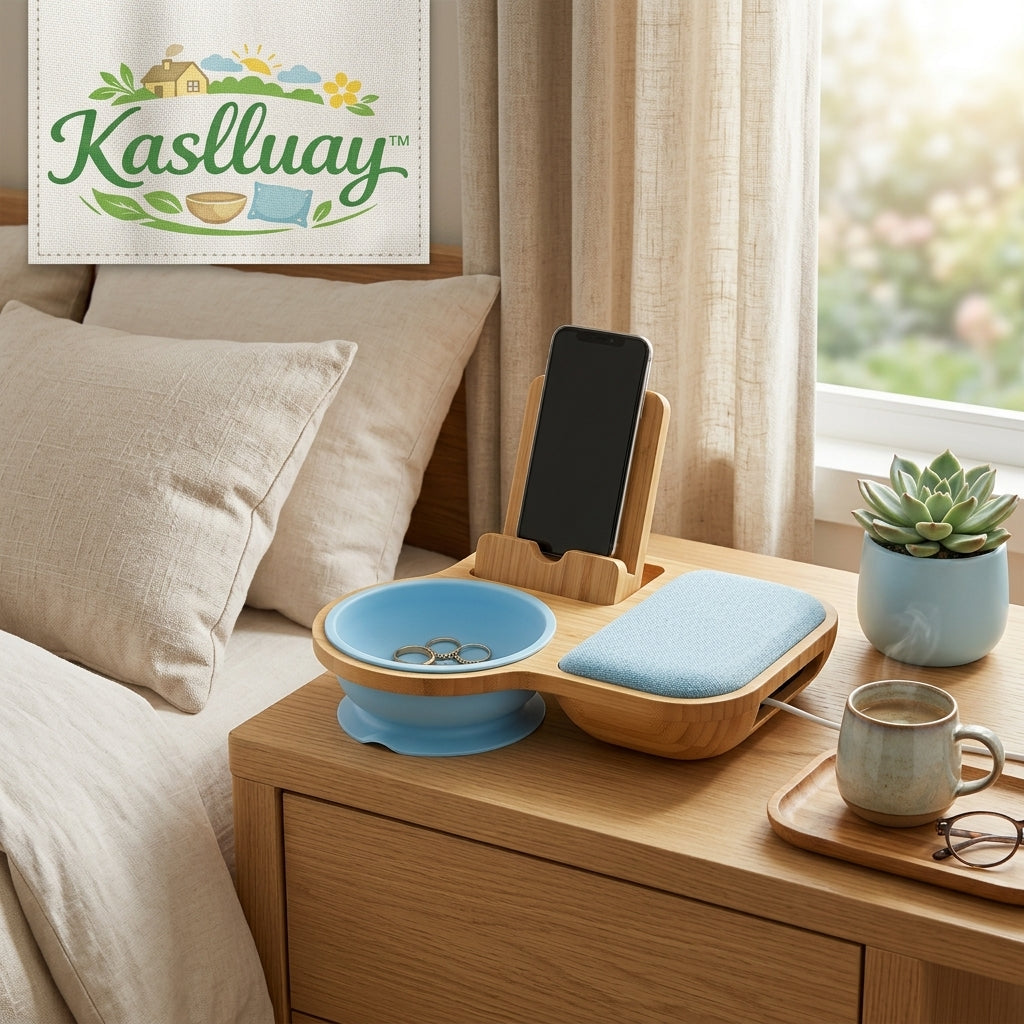 Kaslluay™ Bamboo Nightstand Organizer & Phone Docking Station – Bedside Valet Tray with Soft Silicone Jewelry Bowl, Integrated Cell Phone Stand & Tangle-Free Cable Management – Minimalist Bedside Storage & Desk Catchall Tray