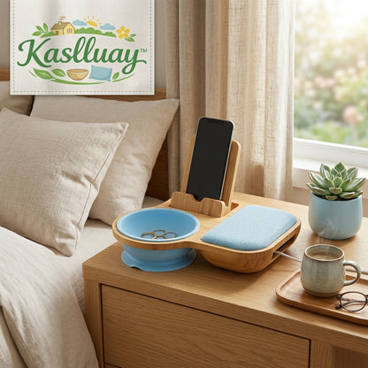 Kaslluay™ Bamboo Nightstand Organizer & Phone Docking Station – Bedside Valet Tray with Soft Silicone Jewelry Bowl, Integrated Cell Phone Stand & Tangle-Free Cable Management – Minimalist Bedside Storage & Desk Catchall Tray