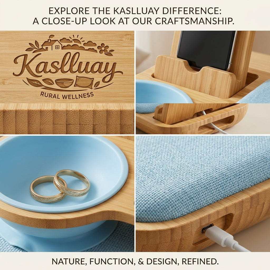 Kaslluay™ Bamboo Nightstand Organizer & Phone Docking Station – Bedside Valet Tray with Soft Silicone Jewelry Bowl, Integrated Cell Phone Stand & Tangle-Free Cable Management – Minimalist Bedside Storage & Desk Catchall Tray