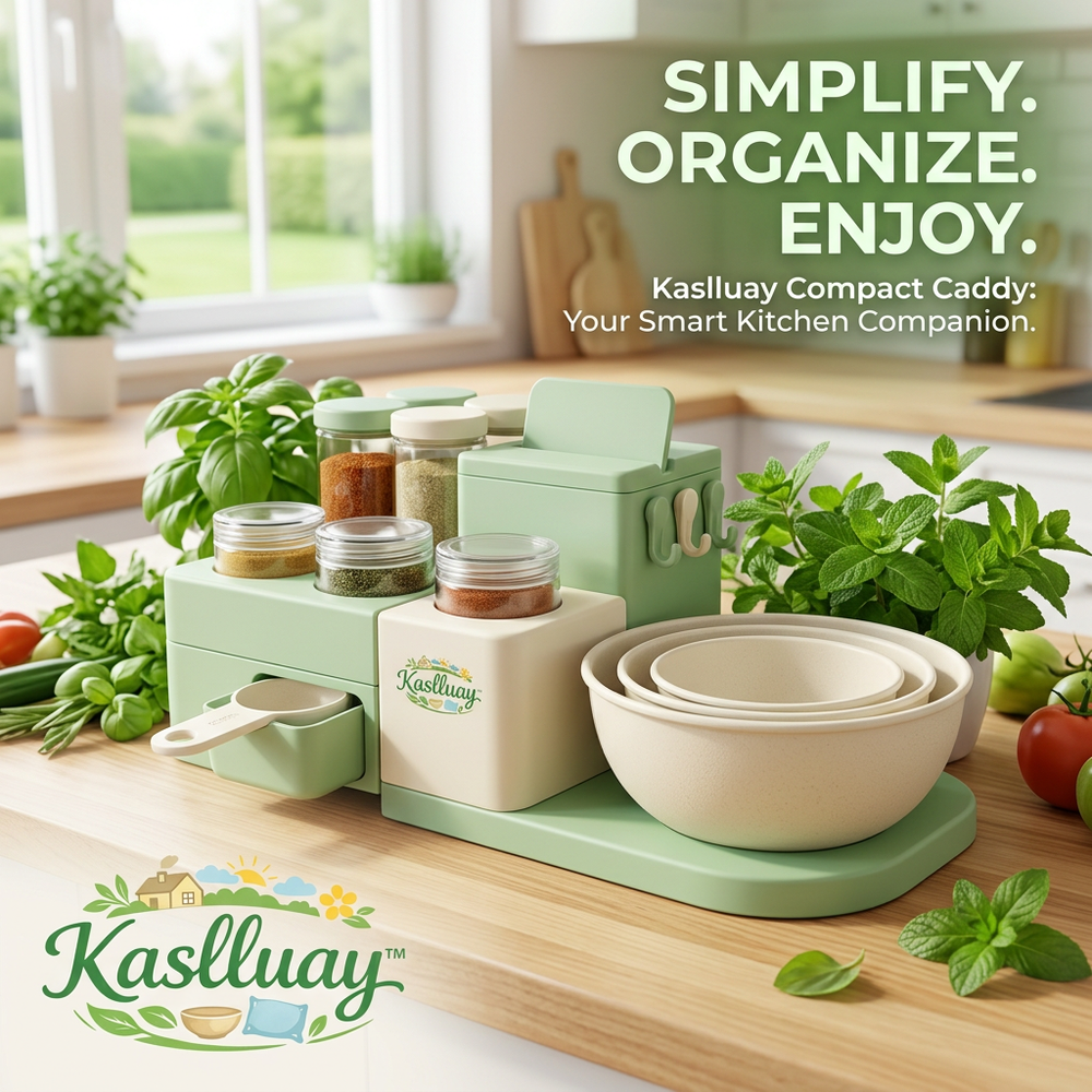 Kaslluay™ All-in-One Kitchen Countertop Organizer Caddy – Space-Saving Spice Rack, Nested Mixing Bowls, Utensil Hooks & Storage Drawer Set – Modern Eco-Friendly Cooking Prep Station for Home & Apartment