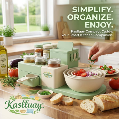 Kaslluay™ All-in-One Kitchen Countertop Organizer Caddy – Space-Saving Spice Rack, Nested Mixing Bowls, Utensil Hooks & Storage Drawer Set – Modern Eco-Friendly Cooking Prep Station for Home & Apartment