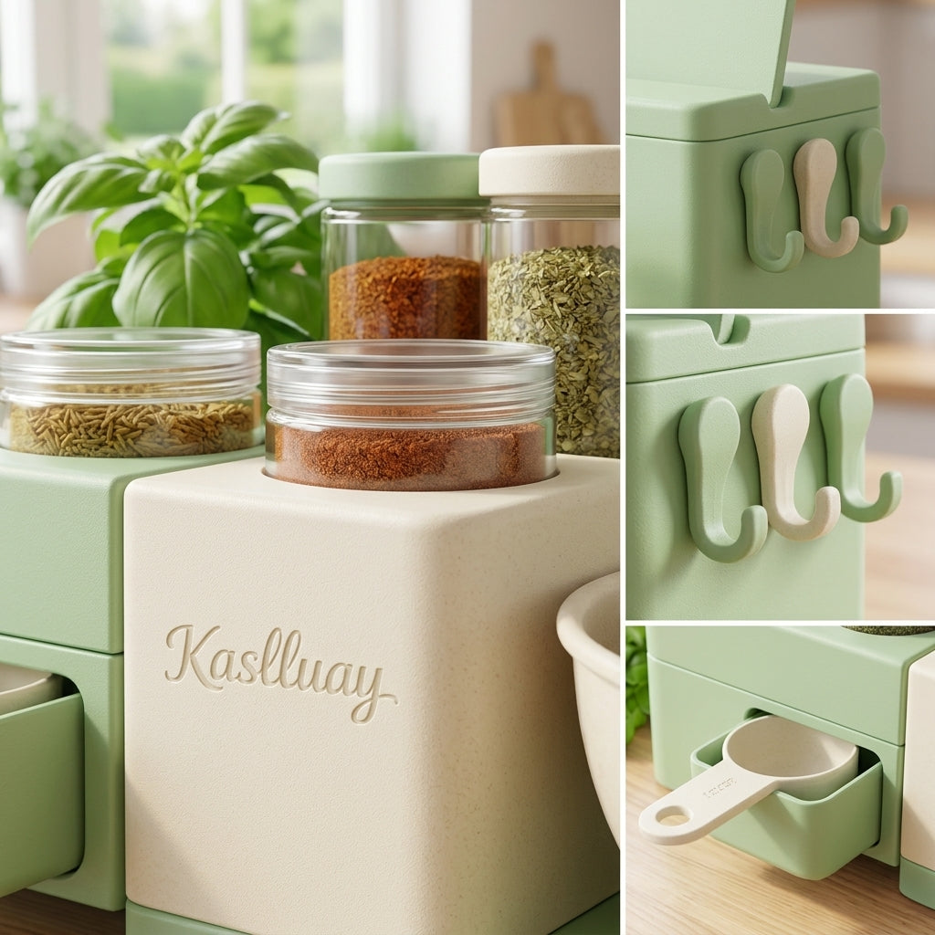 Kaslluay™ All-in-One Kitchen Countertop Organizer Caddy – Space-Saving Spice Rack, Nested Mixing Bowls, Utensil Hooks & Storage Drawer Set – Modern Eco-Friendly Cooking Prep Station for Home & Apartment