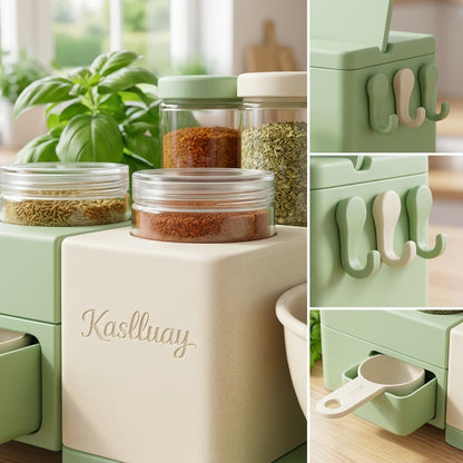 Kaslluay™ All-in-One Kitchen Countertop Organizer Caddy – Space-Saving Spice Rack, Nested Mixing Bowls, Utensil Hooks & Storage Drawer Set – Modern Eco-Friendly Cooking Prep Station for Home & Apartment