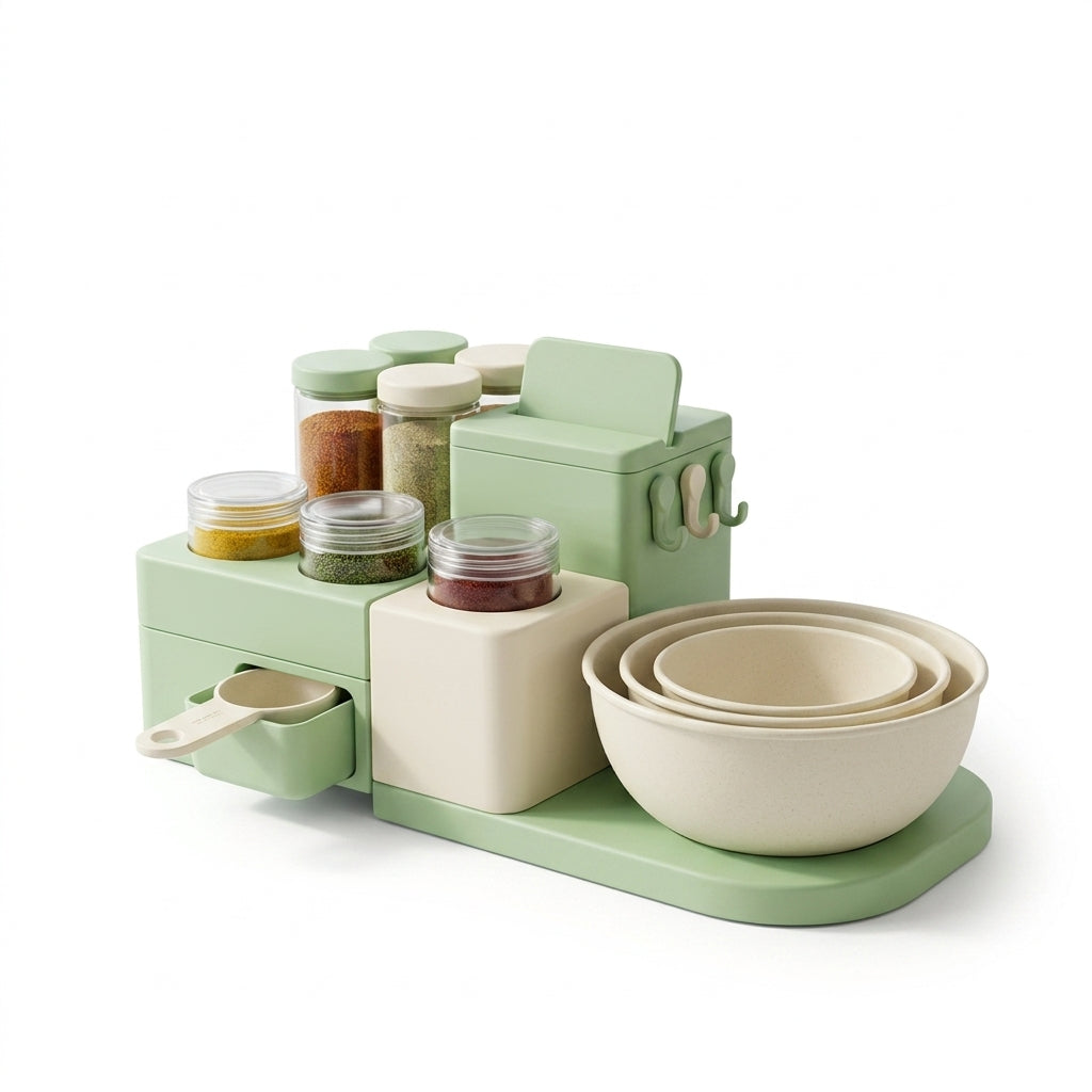 Kaslluay™ All-in-One Kitchen Countertop Organizer Caddy – Space-Saving Spice Rack, Nested Mixing Bowls, Utensil Hooks & Storage Drawer Set – Modern Eco-Friendly Cooking Prep Station for Home & Apartment
