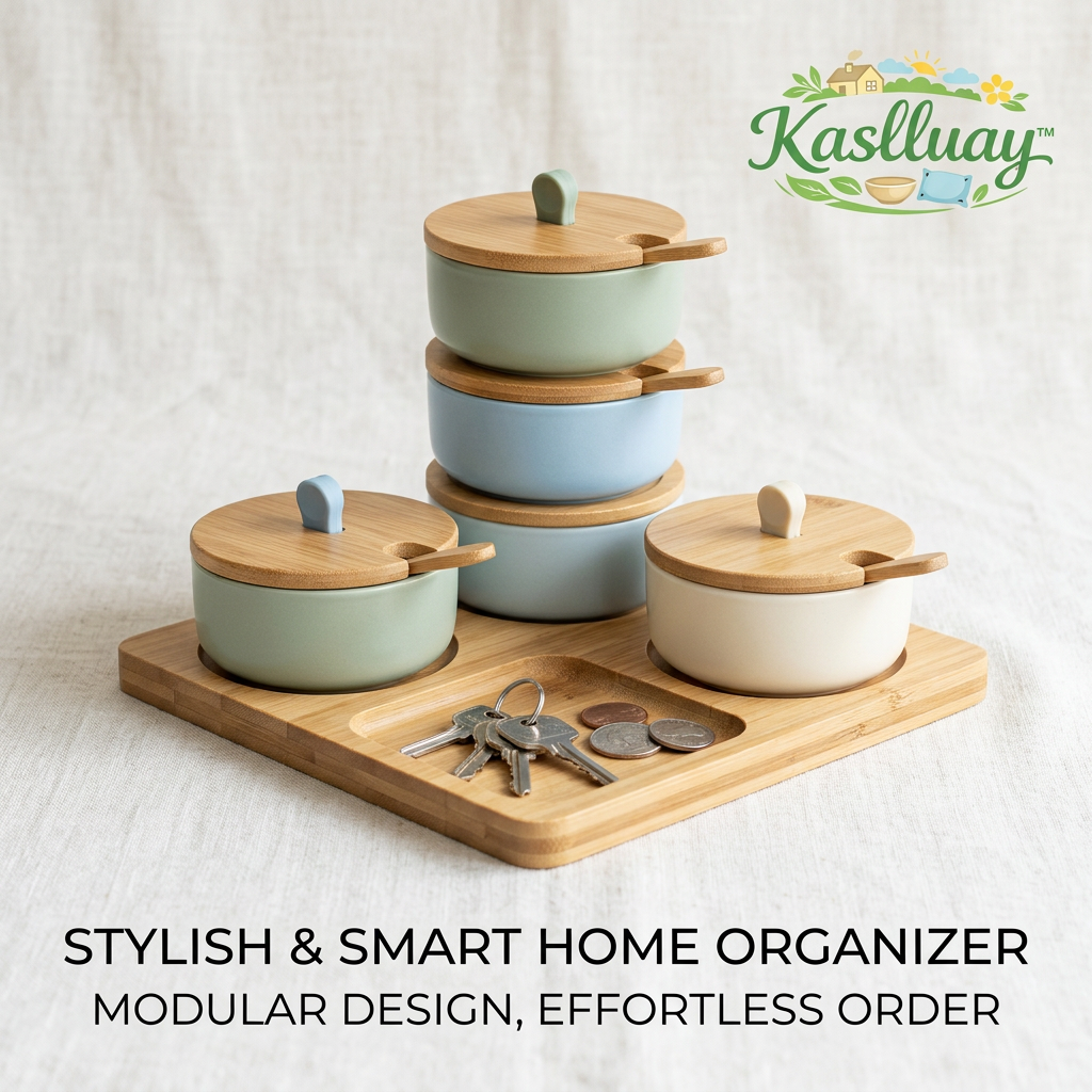 Kaslluay™ Modular Desktop Organizer & Stackable Ceramic Canister Set - Multi-Purpose Storage Jars with Bamboo Lids and Spoons, Entryway Valet Tray for Keys, Coins, Jewelry, and Office Supplies