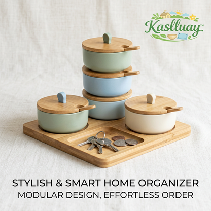 Kaslluay™ Modular Desktop Organizer & Stackable Ceramic Canister Set - Multi-Purpose Storage Jars with Bamboo Lids and Spoons, Entryway Valet Tray for Keys, Coins, Jewelry, and Office Supplies