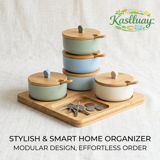 Kaslluay™ Modular Desktop Organizer & Stackable Ceramic Canister Set - Multi-Purpose Storage Jars with Bamboo Lids and Spoons, Entryway Valet Tray for Keys, Coins, Jewelry, and Office Supplies
