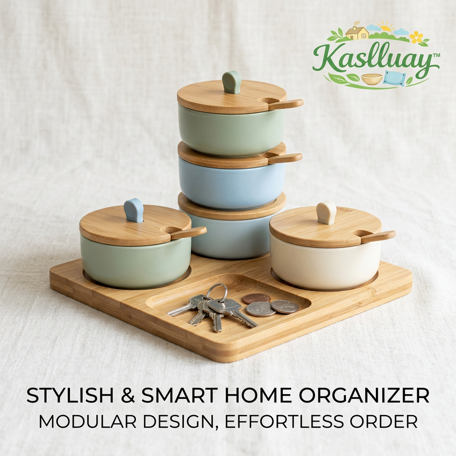 Kaslluay™ Modular Desktop Organizer & Stackable Ceramic Canister Set - Multi-Purpose Storage Jars with Bamboo Lids and Spoons, Entryway Valet Tray for Keys, Coins, Jewelry, and Office Supplies