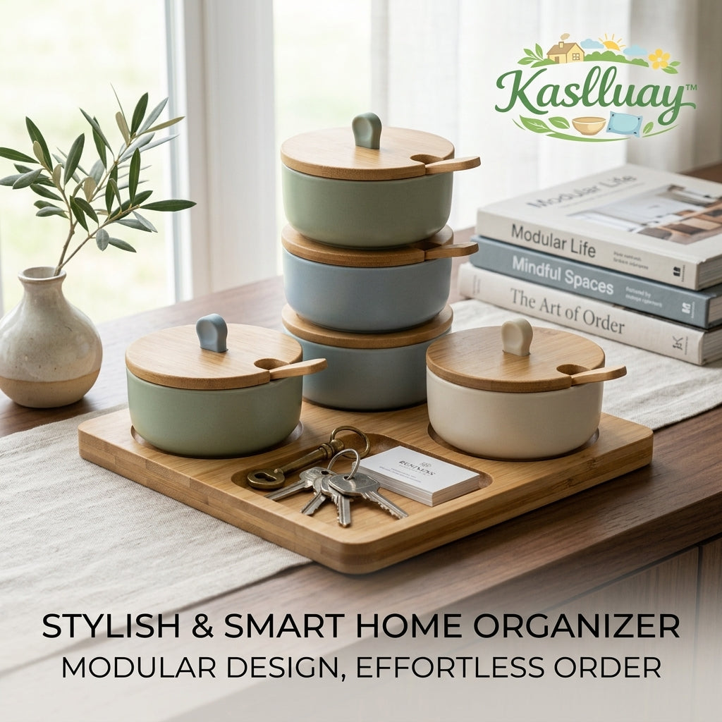 Kaslluay™ Modular Desktop Organizer & Stackable Ceramic Canister Set - Multi-Purpose Storage Jars with Bamboo Lids and Spoons, Entryway Valet Tray for Keys, Coins, Jewelry, and Office Supplies