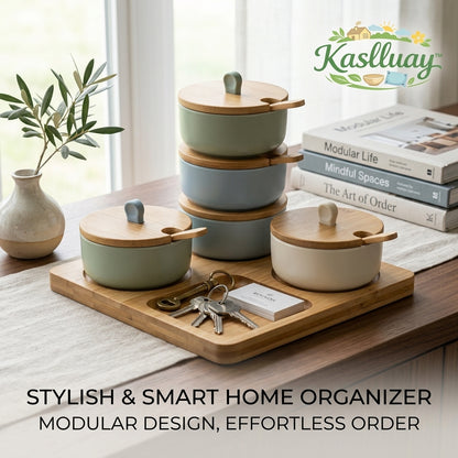 Kaslluay™ Modular Desktop Organizer & Stackable Ceramic Canister Set - Multi-Purpose Storage Jars with Bamboo Lids and Spoons, Entryway Valet Tray for Keys, Coins, Jewelry, and Office Supplies