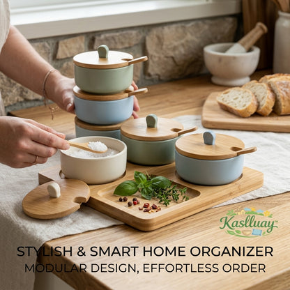Kaslluay™ Modular Desktop Organizer & Stackable Ceramic Canister Set - Multi-Purpose Storage Jars with Bamboo Lids and Spoons, Entryway Valet Tray for Keys, Coins, Jewelry, and Office Supplies