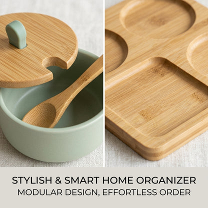 Kaslluay™ Modular Desktop Organizer & Stackable Ceramic Canister Set - Multi-Purpose Storage Jars with Bamboo Lids and Spoons, Entryway Valet Tray for Keys, Coins, Jewelry, and Office Supplies