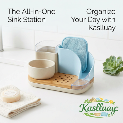 Kaslluay™ All-in-One Kitchen Sink Caddy Organizer - Modern Countertop Sponge Holder and Dish Soap Dispenser Tray with Natural Bamboo Drainer, Removable Soap Bowl & Brush Holder for Kitchen and Bathroom