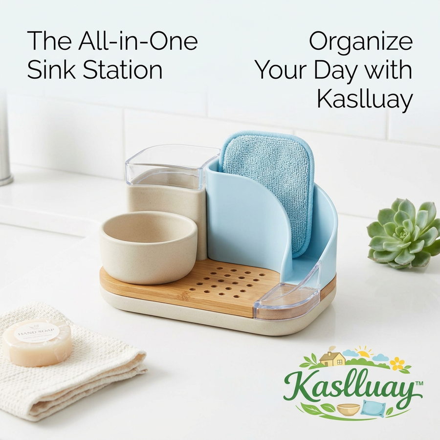 Kaslluay™ All-in-One Kitchen Sink Caddy Organizer - Modern Countertop Sponge Holder and Dish Soap Dispenser Tray with Natural Bamboo Drainer, Removable Soap Bowl & Brush Holder for Kitchen and Bathroom