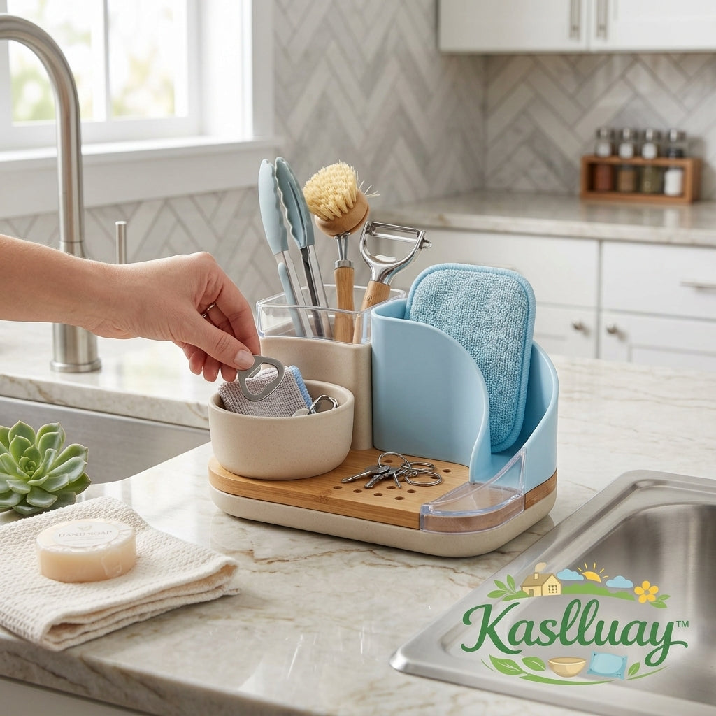 Kaslluay™ All-in-One Kitchen Sink Caddy Organizer - Modern Countertop Sponge Holder and Dish Soap Dispenser Tray with Natural Bamboo Drainer, Removable Soap Bowl & Brush Holder for Kitchen and Bathroom