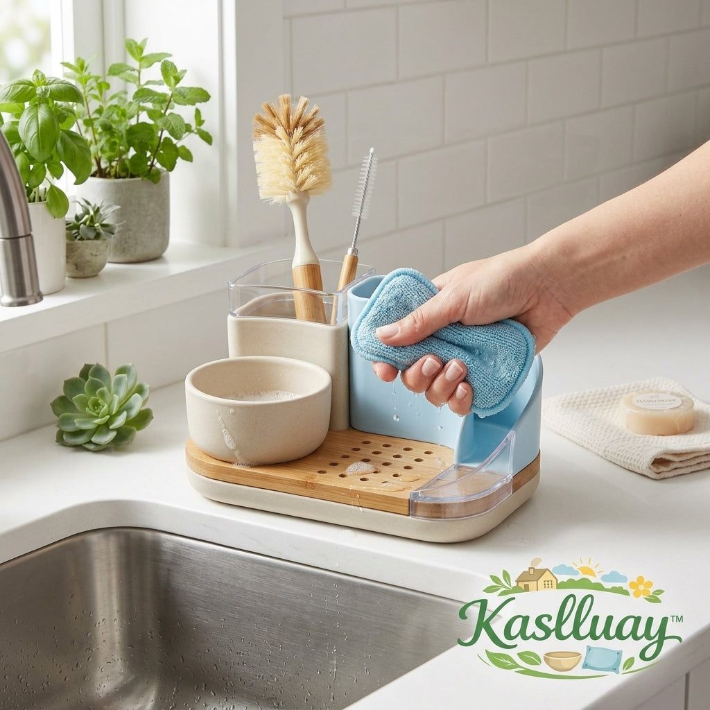 Kaslluay™ All-in-One Kitchen Sink Caddy Organizer - Modern Countertop Sponge Holder and Dish Soap Dispenser Tray with Natural Bamboo Drainer, Removable Soap Bowl & Brush Holder for Kitchen and Bathroom
