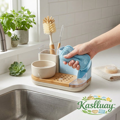 Kaslluay™ All-in-One Kitchen Sink Caddy Organizer - Modern Countertop Sponge Holder and Dish Soap Dispenser Tray with Natural Bamboo Drainer, Removable Soap Bowl & Brush Holder for Kitchen and Bathroom