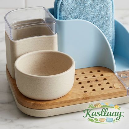 Kaslluay™ All-in-One Kitchen Sink Caddy Organizer - Modern Countertop Sponge Holder and Dish Soap Dispenser Tray with Natural Bamboo Drainer, Removable Soap Bowl & Brush Holder for Kitchen and Bathroom