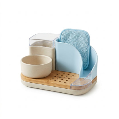Kaslluay™ All-in-One Kitchen Sink Caddy Organizer - Modern Countertop Sponge Holder and Dish Soap Dispenser Tray with Natural Bamboo Drainer, Removable Soap Bowl & Brush Holder for Kitchen and Bathroom
