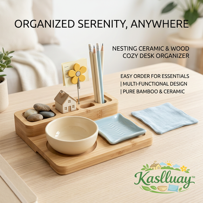 Kaslluay™ Bamboo and Ceramic Desk Organizer Set - Aesthetic Nesting Pencil Holder & Accessory Trays for Home Office Decor, Cute Desktop Caddy for Pens, Paperclips, Sticky Notes, and Jewelry