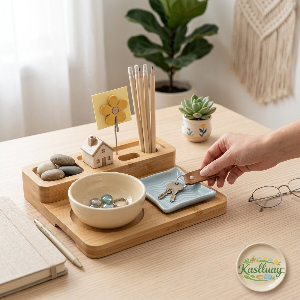 Kaslluay™ Bamboo and Ceramic Desk Organizer Set - Aesthetic Nesting Pencil Holder & Accessory Trays for Home Office Decor, Cute Desktop Caddy for Pens, Paperclips, Sticky Notes, and Jewelry