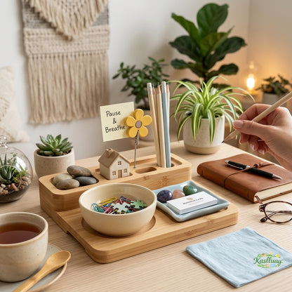 Kaslluay™ Bamboo and Ceramic Desk Organizer Set - Aesthetic Nesting Pencil Holder & Accessory Trays for Home Office Decor, Cute Desktop Caddy for Pens, Paperclips, Sticky Notes, and Jewelry