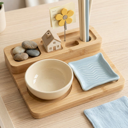 Kaslluay™ Bamboo and Ceramic Desk Organizer Set - Aesthetic Nesting Pencil Holder & Accessory Trays for Home Office Decor, Cute Desktop Caddy for Pens, Paperclips, Sticky Notes, and Jewelry